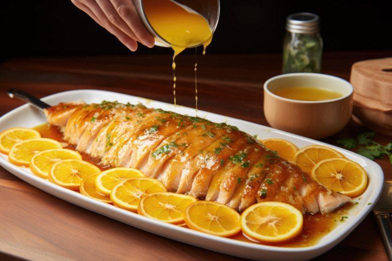Peixe assado com molho de laranja e vinho
