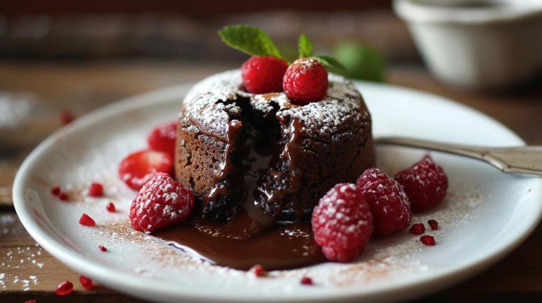 Petit gateau com calda de framboesas