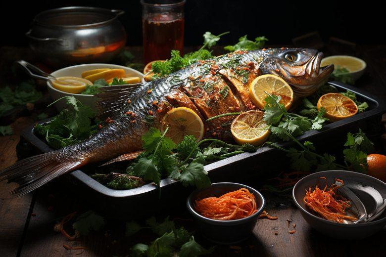 Peixe assado recheado com pão