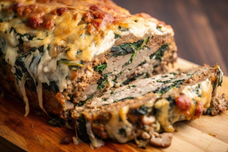 Bolo de carne com espinafre e bacon