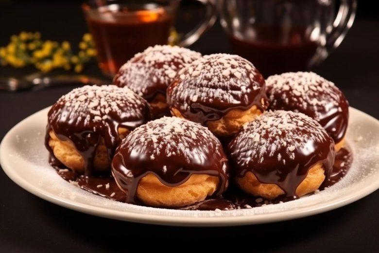 Carolina com creme e calda de chocolate