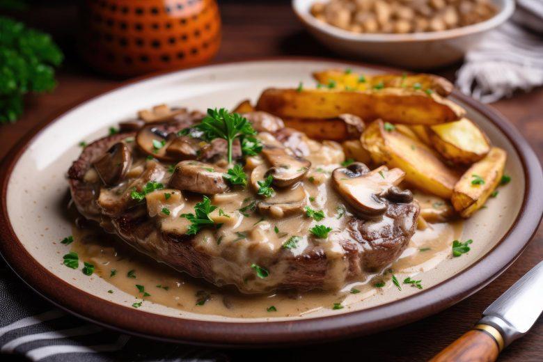 Bife com creme de leite e cogumelo
