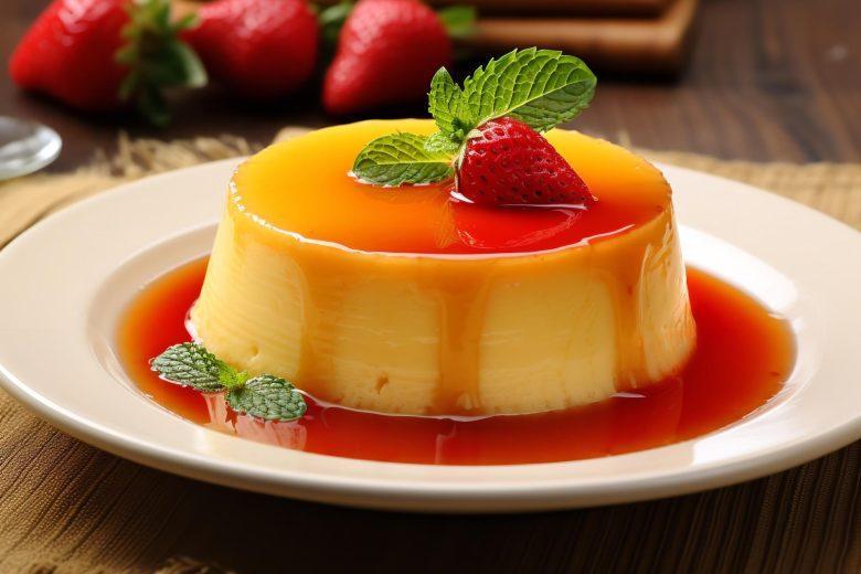 Flan light de baunilha com calda de morango