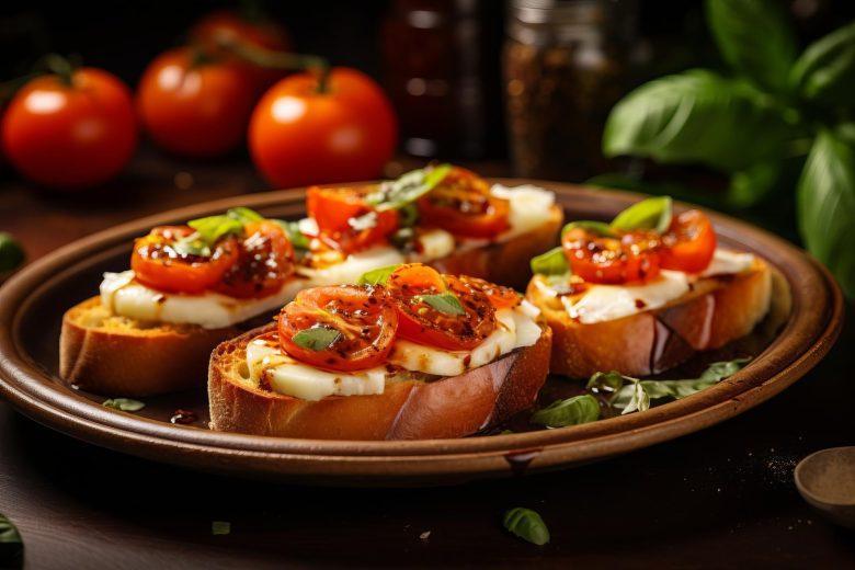 Bruschetta com tomate, queijo de cabra e caramelo