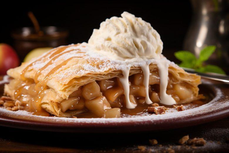 Strudel de maçã verde com tâmaras e sorvete de canela