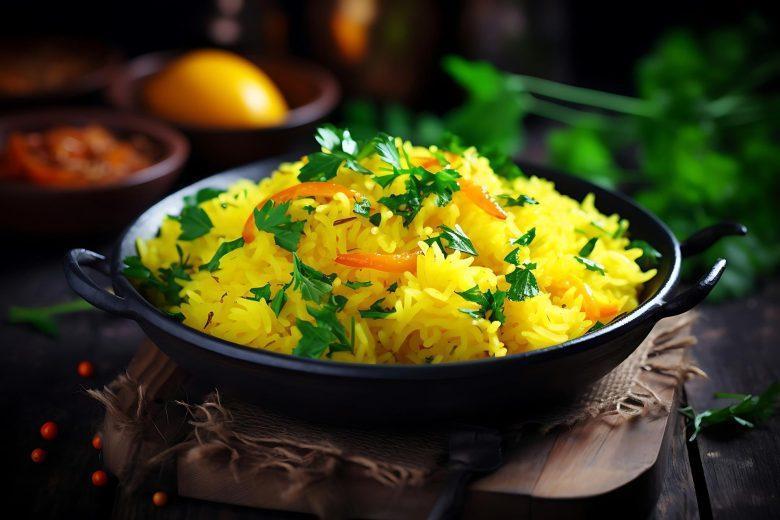 Arroz de açafrão e malaguetas picantes cozido em leite de coco
