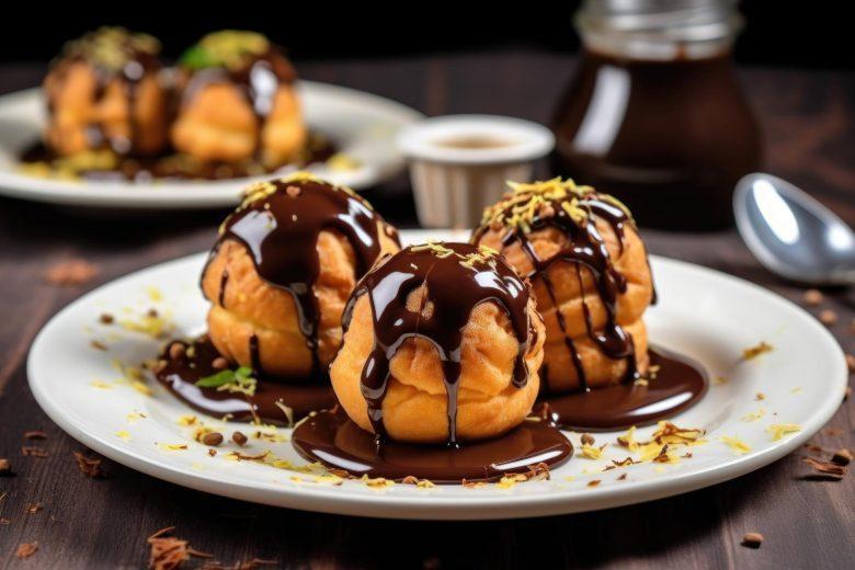 Profiteroles com sorvete e capa de chocolate