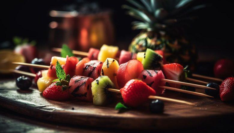 Espetinho de frutas com molho de mel