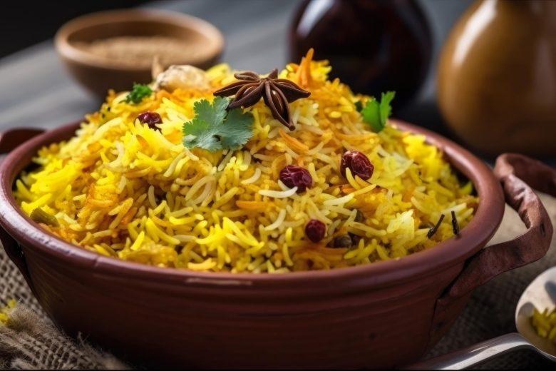 Arroz com açafrão, damasco seco e passas