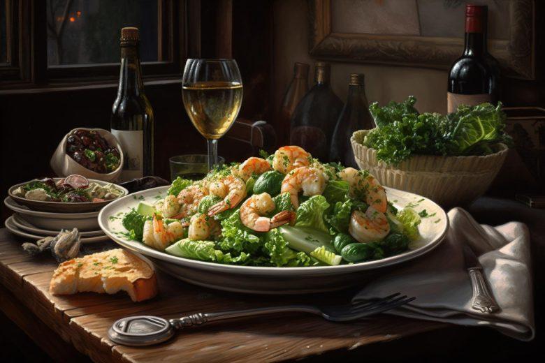 Salada de camarão, abacate e alface
