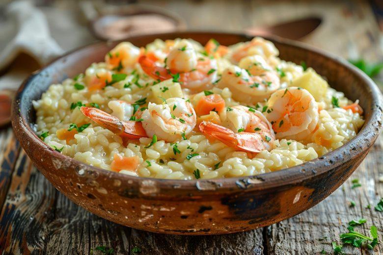 Risoto de camarão e cottage