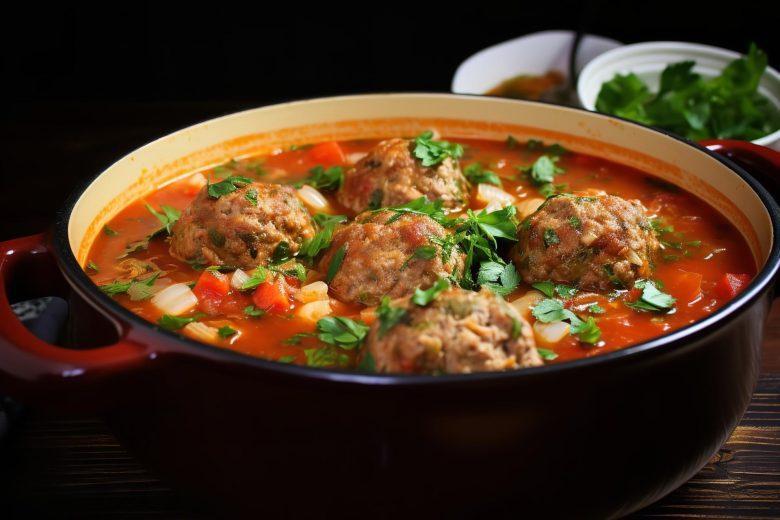 Sopa de almôndega, tomate e macarrão
