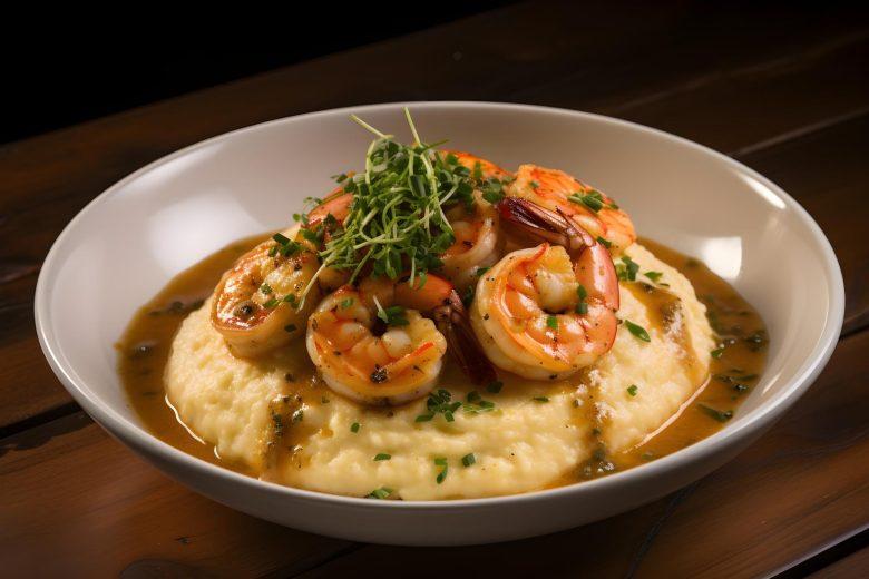 Polenta ao molho de peixe e camarão