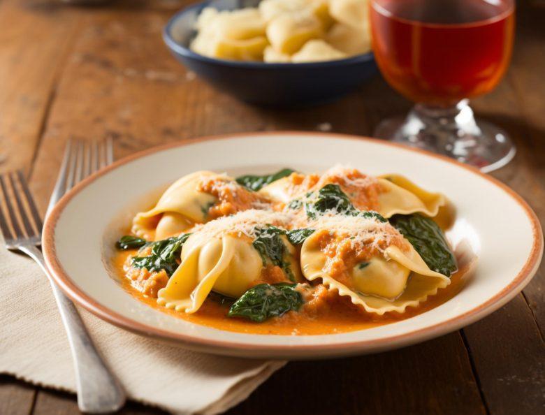 Sopa de ravióli e espinafre