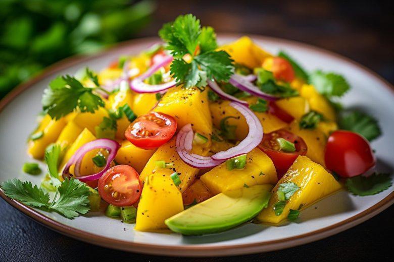 Salada de manga com cebola roxa e rúcula