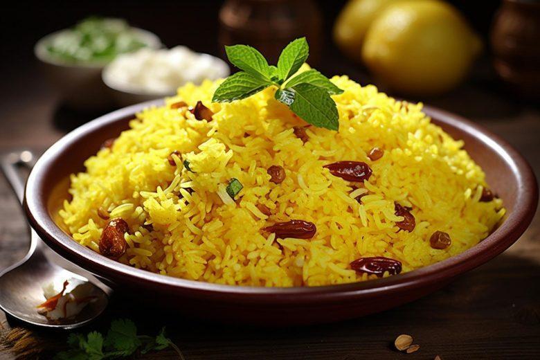 Arroz com açafrão, passas e castanha de caju