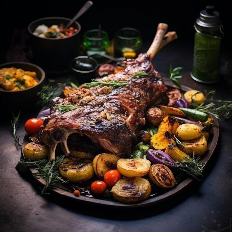 Perna de cabrito assada em molho de vinho