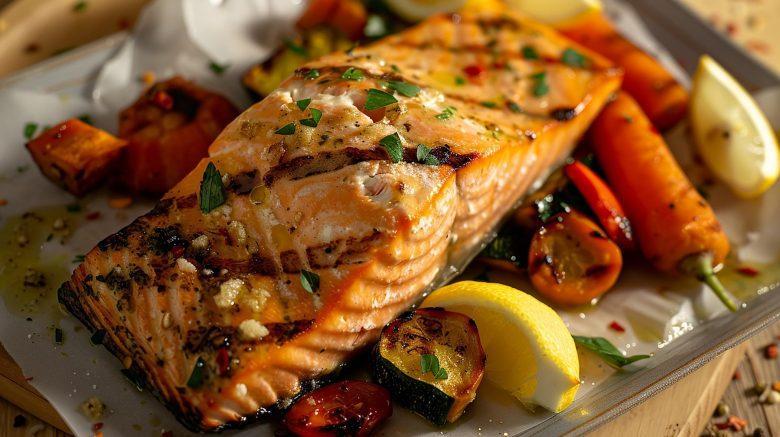 Salmão assado com legumes