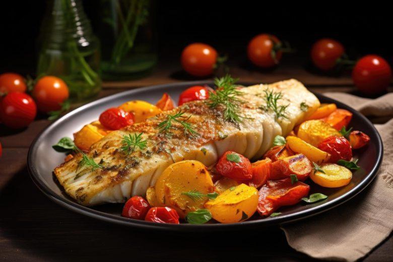 Bacalhau assado com legumes