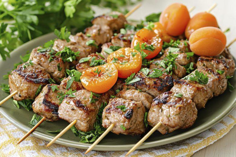 Espetinho de carne e damasco