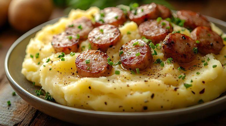 Linguiça de pernil ao vinho com de purê de mandioca