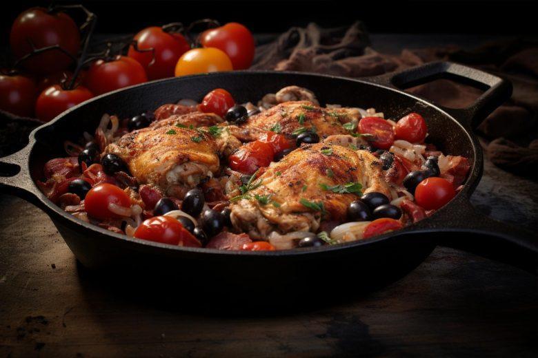 Frango com tomate e azeitonas