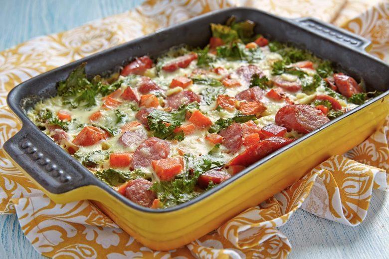 Peixe gratinado com bacon e brócolis