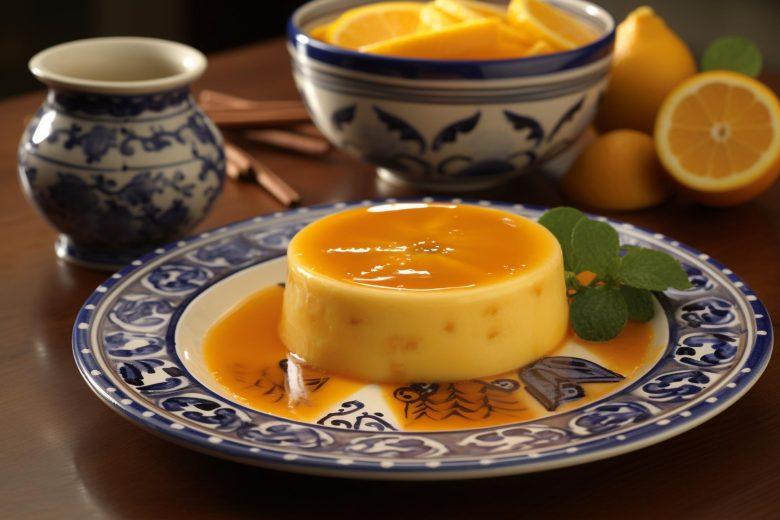 Pudim de milho com calda de laranja