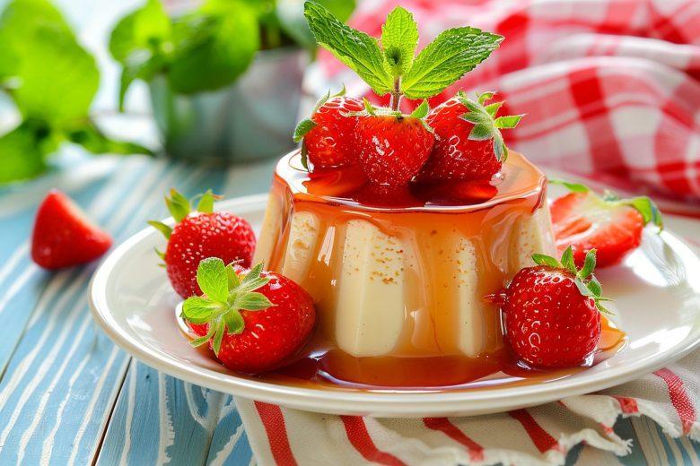 Flan de leite em pó com calda de morango
