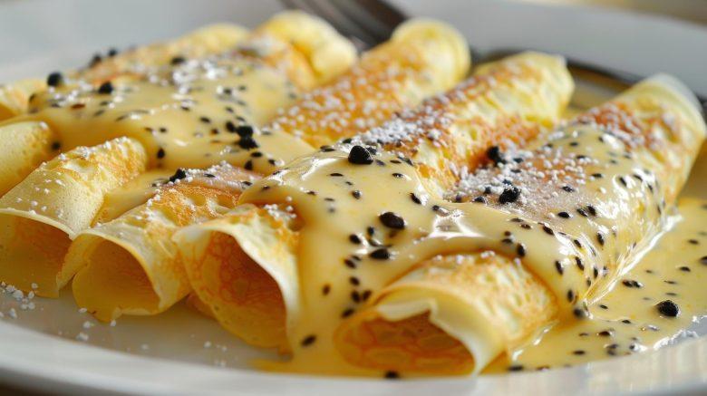 Panqueca de creme com calda de maracujá