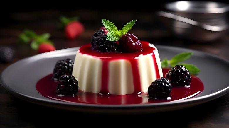 Flan de chocolate branco com calda de amora