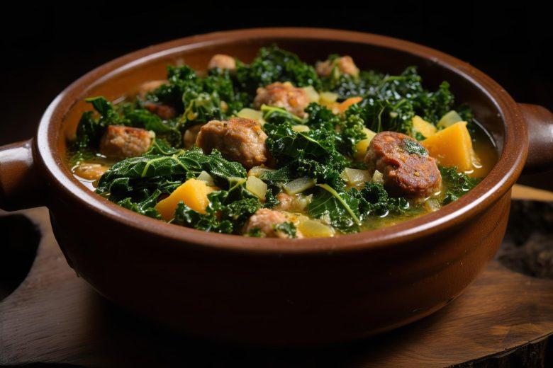Sopa de mandioca com couve e linguiça