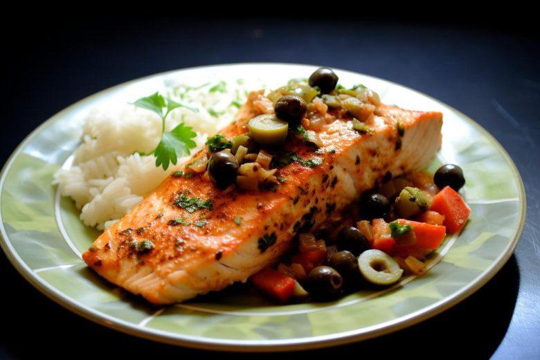 Salmão grelhado ao molho de azeitonas