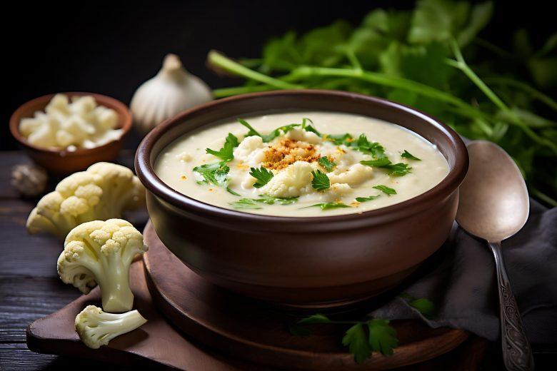 Sopa cremosa de couve-flor e palmito