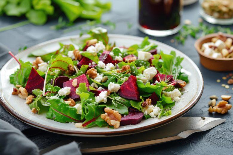 Salada de beterraba com queijo-de-minas e folhas verdes