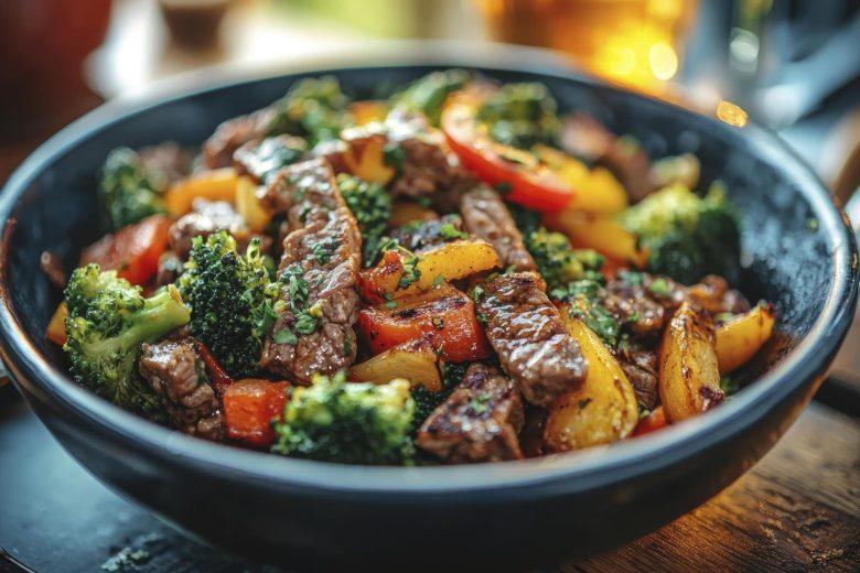 Carne tira gosto com brócolis e shoyu