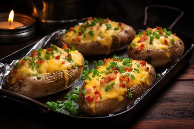 Batata recheada com frango, brócolis, queijo e bacon