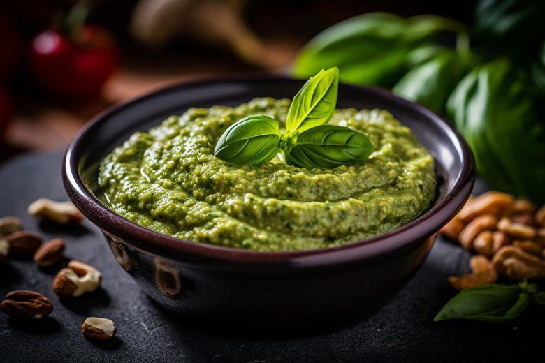 Molho de abacate com pesto de folhas de cenoura