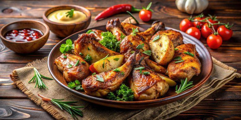 Sobrecoxa de frango assada com batata