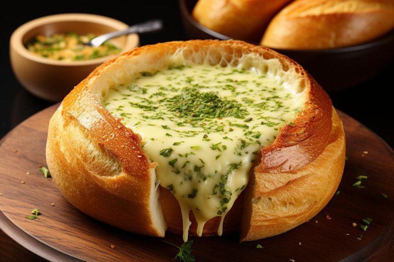 Sopa de quatro queijos no pão
