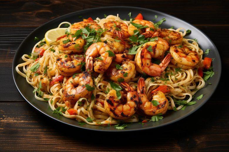 Camarão no linguine com limão e pimenta