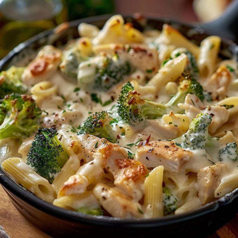 Macarrão ao molho branco com frango e brócolis