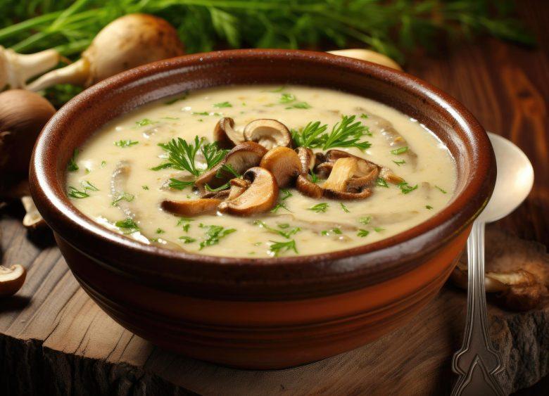 Caldo de baroa com cogumelo e frango