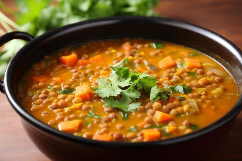 Sopa de abóbora com lentilha