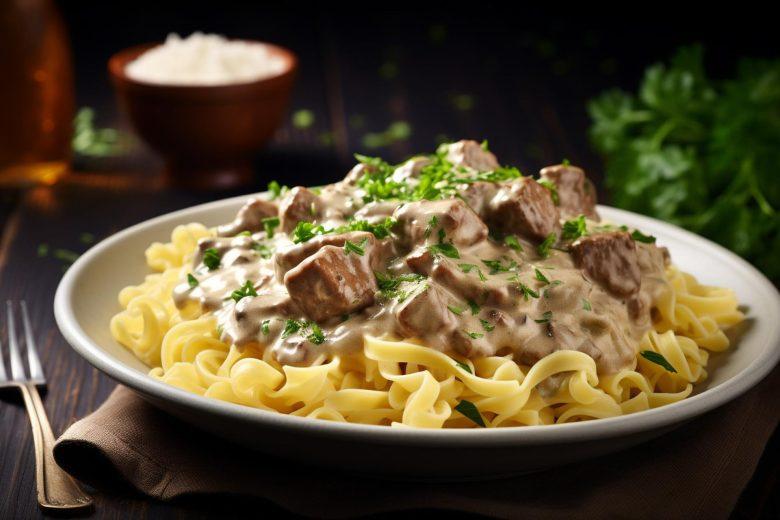 Macarrão com estrogonofe de carne
