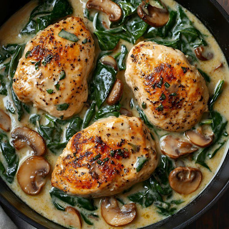 Filé de frango recheado com molho de requeijão com espinafre