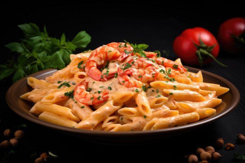 Penne ao molho de camarão e quatro queijos
