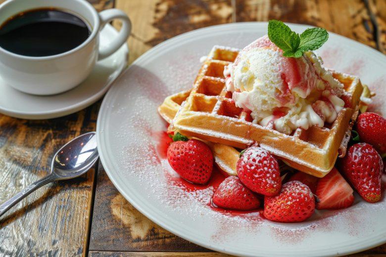 Waffe com creme de baunilha e morango