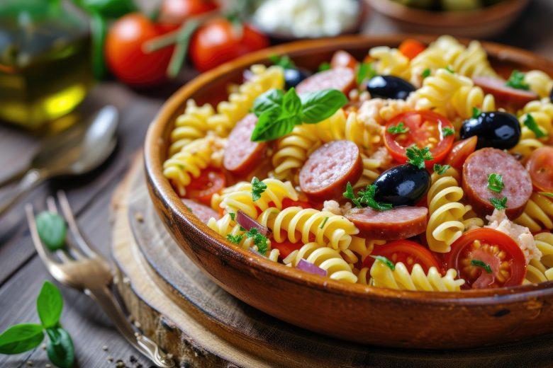 Salada de macarrão à calabresa e azeite