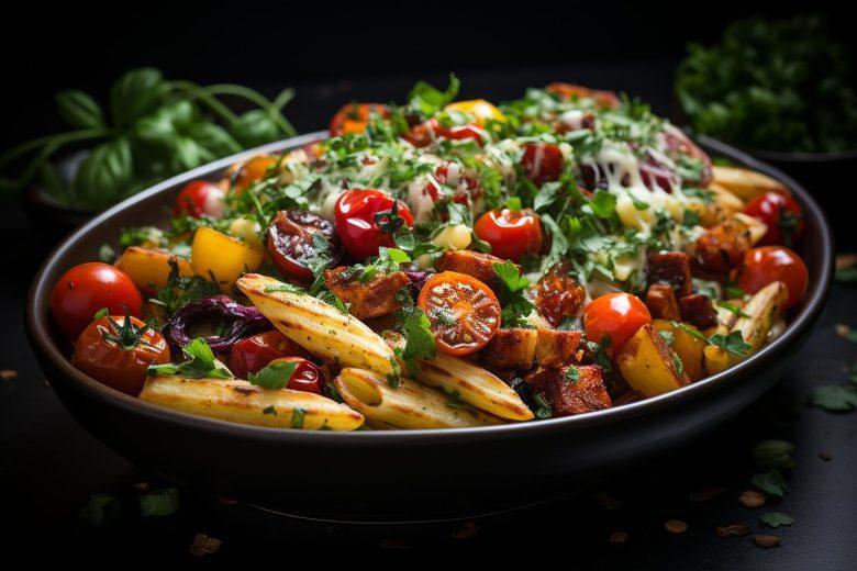 Macarrão com bacon, rúcula e tomate seco